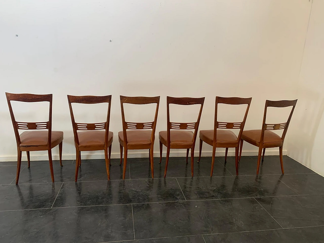 6 Chairs in rosewood with gold bronze tips & leatherette seat, 1950s 2