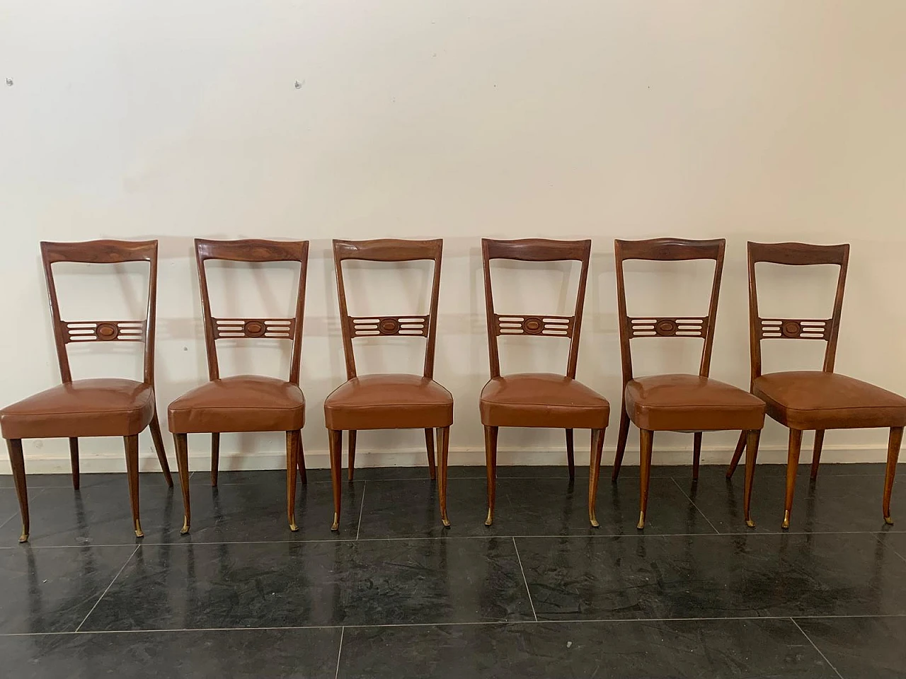 6 Chairs in rosewood with gold bronze tips & leatherette seat, 1950s 3