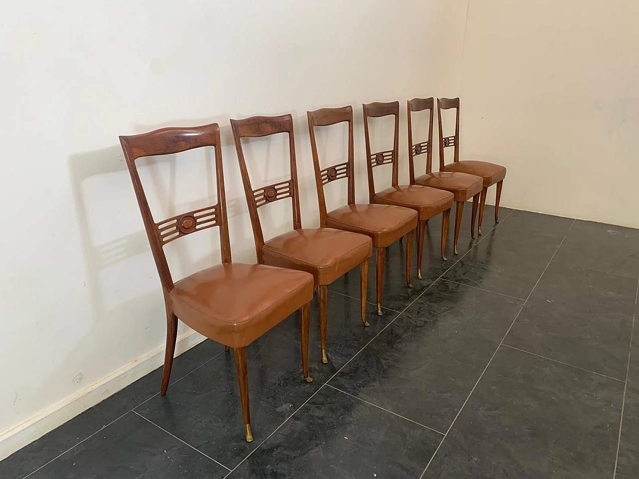 6 Chairs in rosewood with gold bronze tips & leatherette seat, 1950s 4