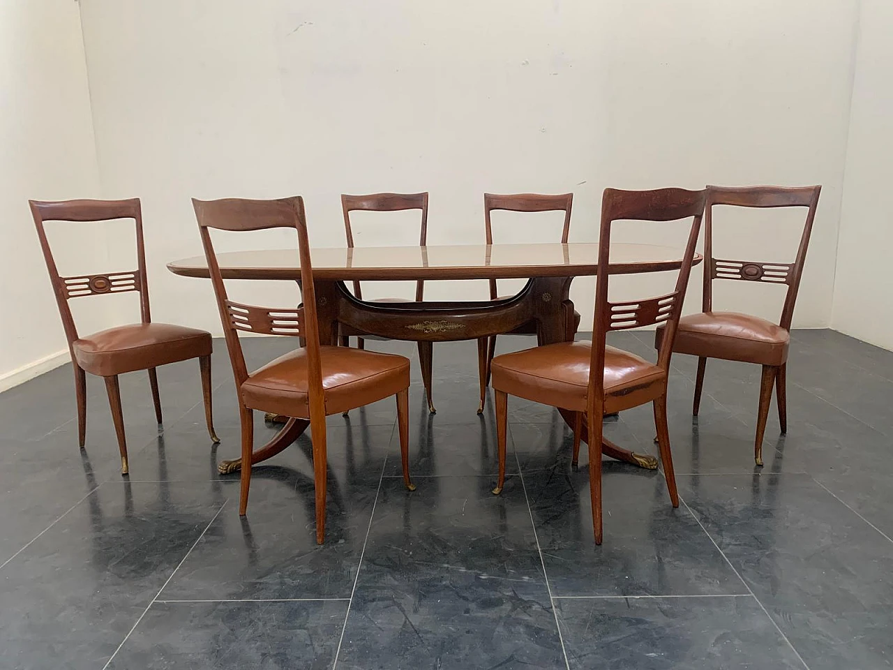 6 Chairs in rosewood with gold bronze tips & leatherette seat, 1950s 5