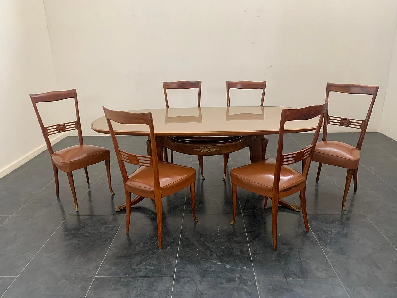 6 Chairs in rosewood with gold bronze tips & leatherette seat, 1950s 12