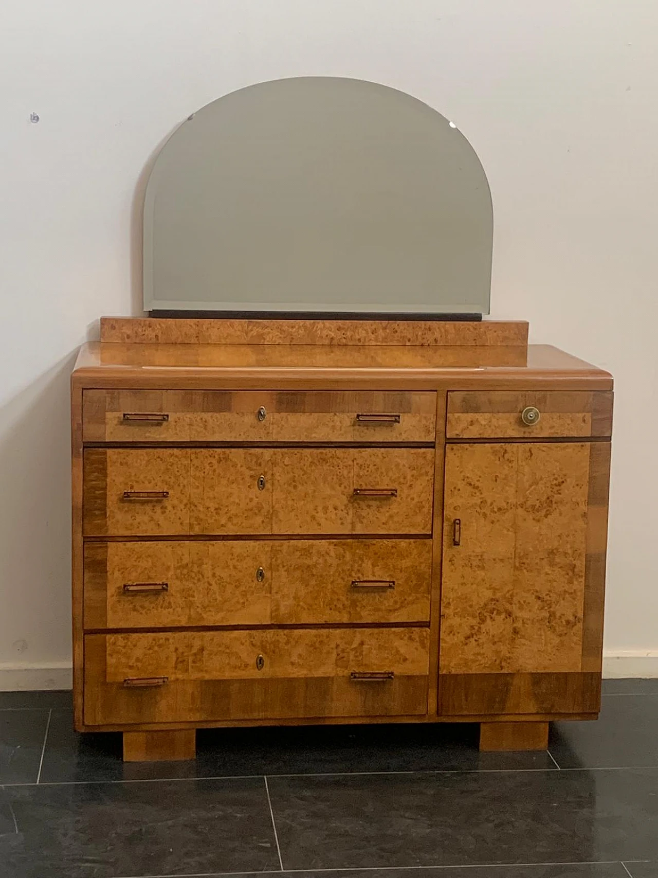 Chest of drawers in blond walnut and tuja burl with mirror, 1930s 1