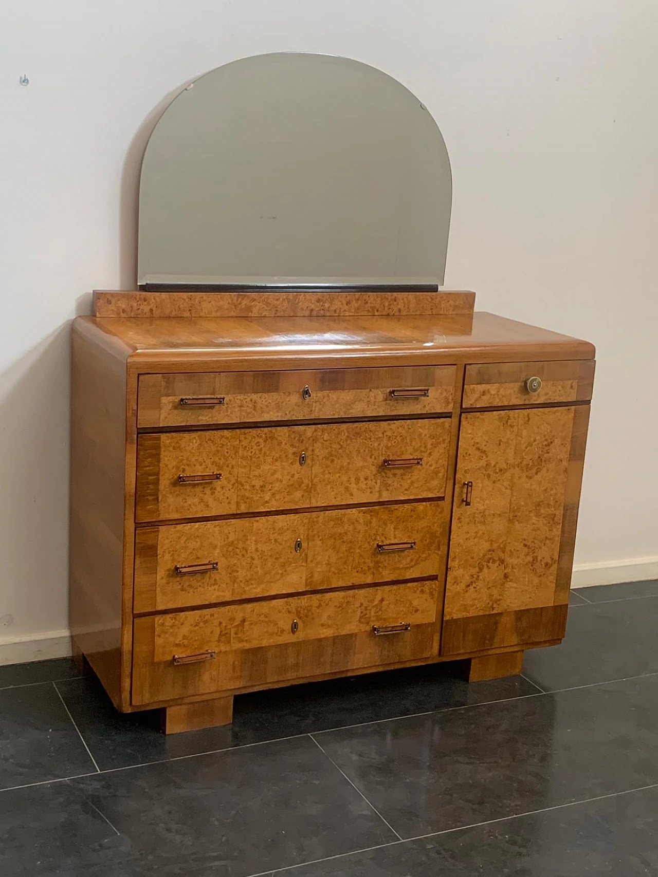 Chest of drawers in blond walnut and tuja burl with mirror, 1930s 2