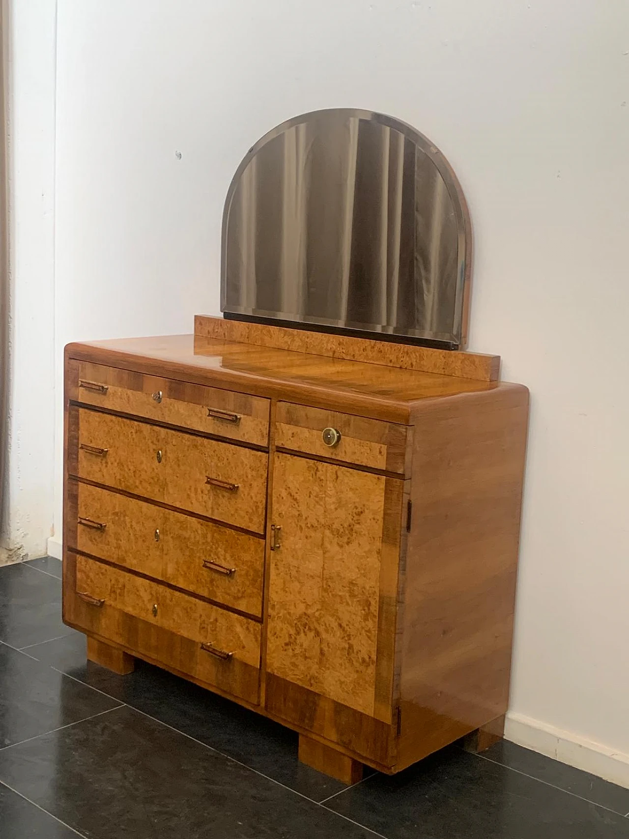 Chest of drawers in blond walnut and tuja burl with mirror, 1930s 3