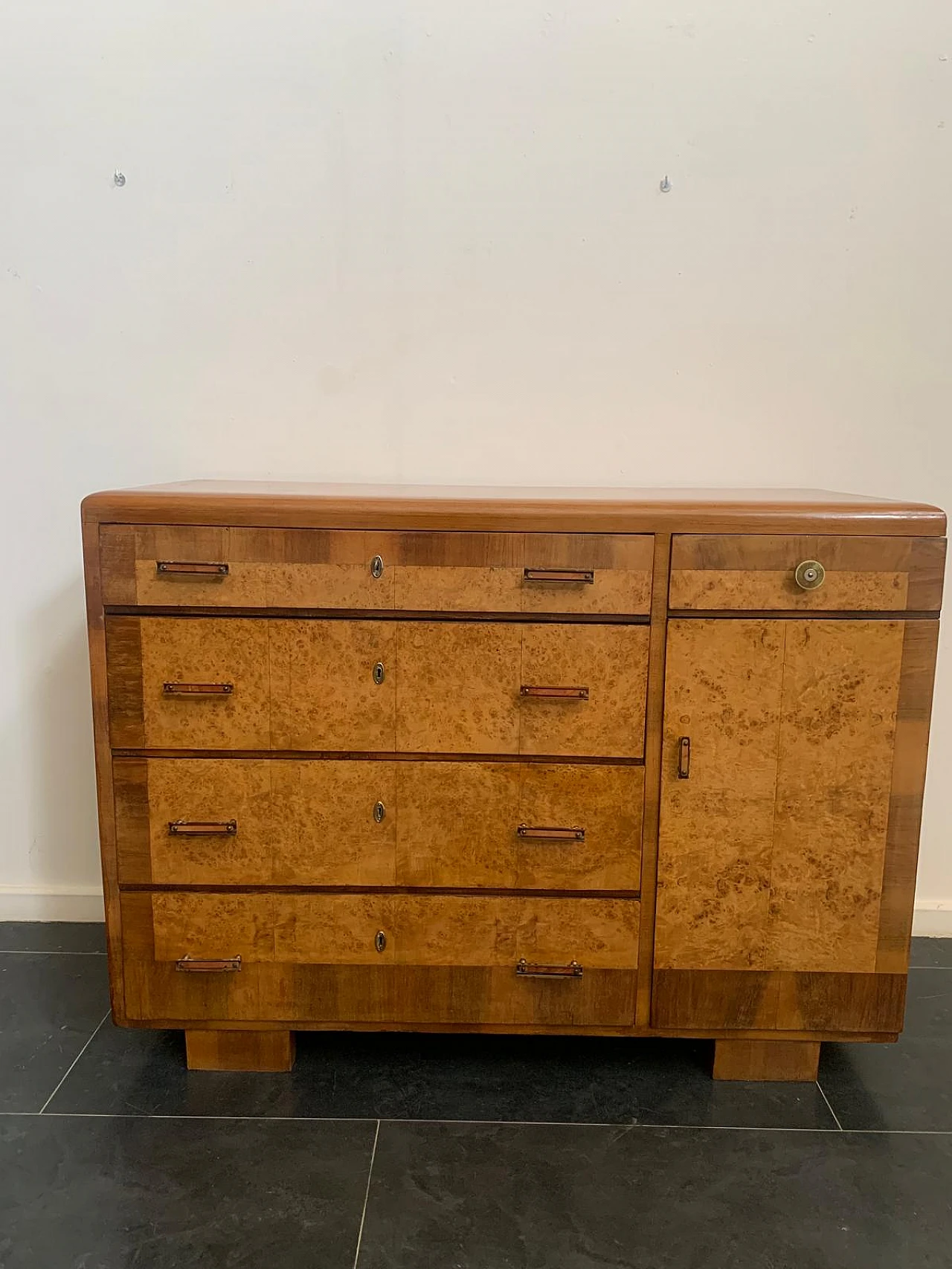 Chest of drawers in blond walnut and tuja burl with mirror, 1930s 5