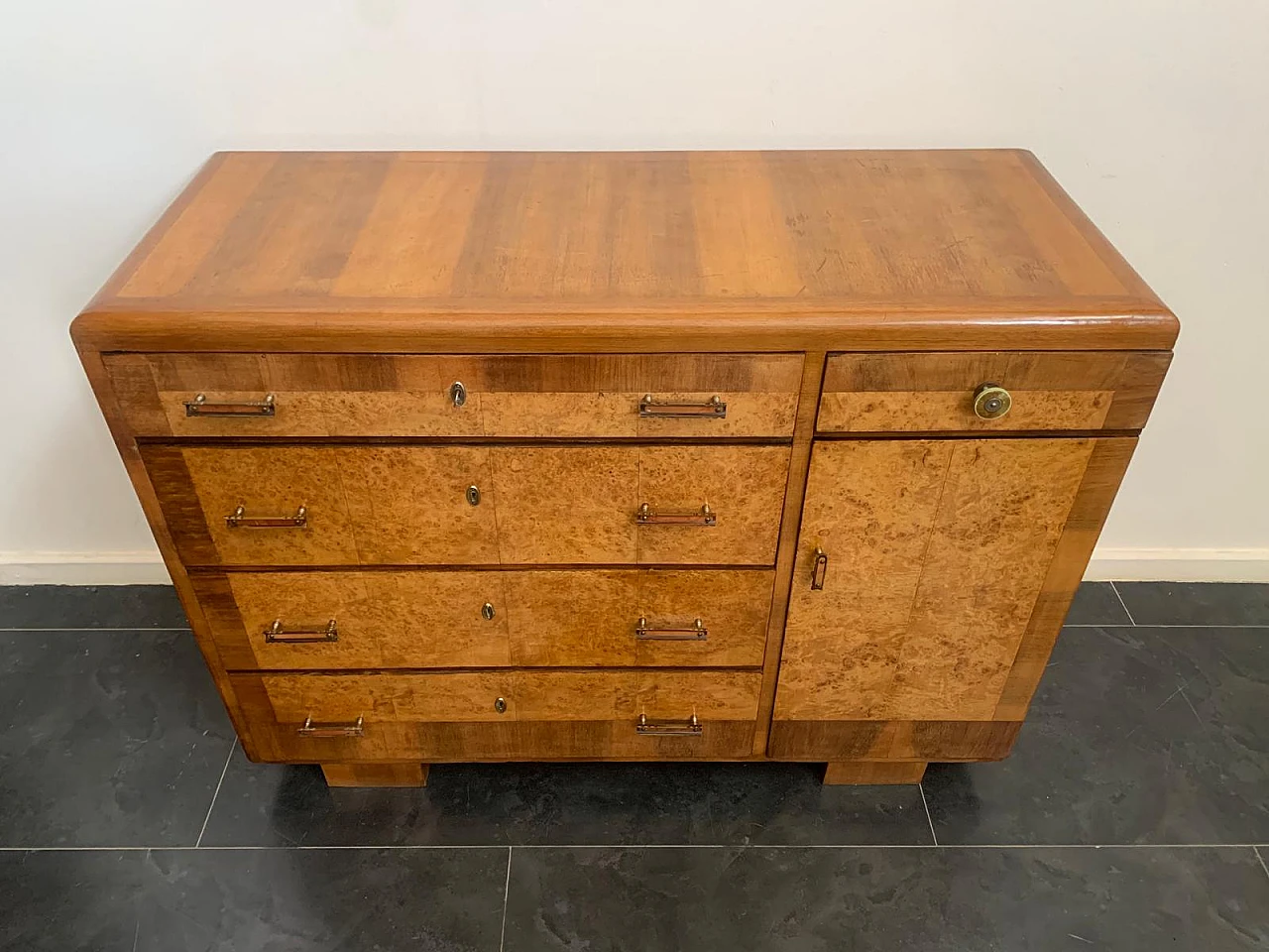 Chest of drawers in blond walnut and tuja burl with mirror, 1930s 6