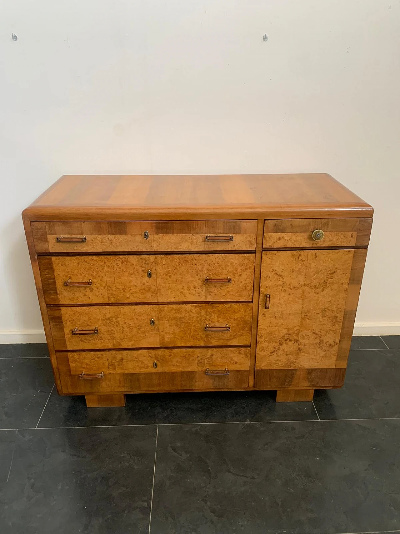 Chest of drawers in blond walnut and tuja burl with mirror, 1930s 7