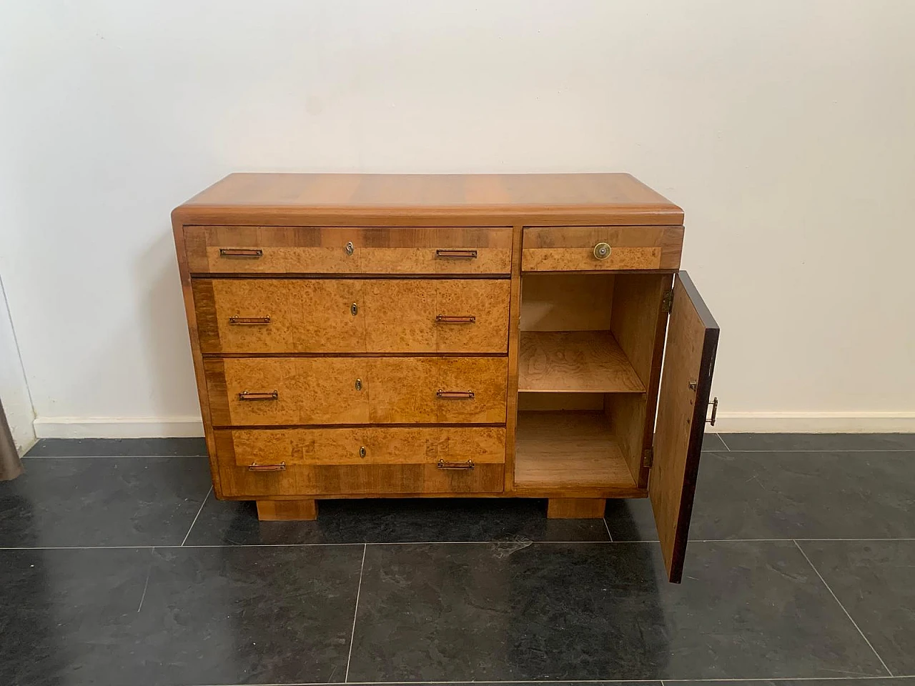 Chest of drawers in blond walnut and tuja burl with mirror, 1930s 8