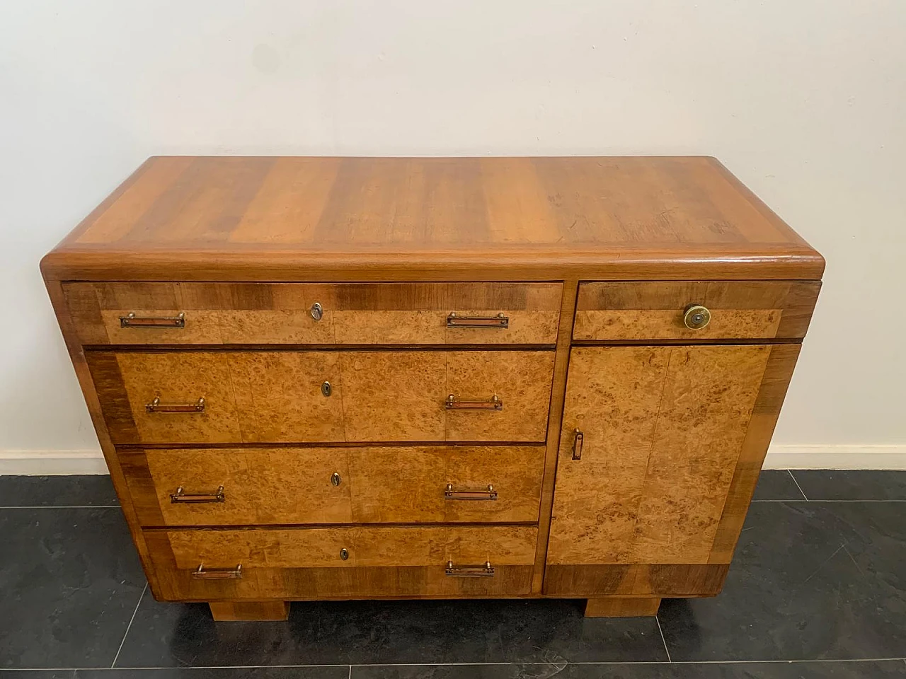 Chest of drawers in blond walnut and tuja burl with mirror, 1930s 9