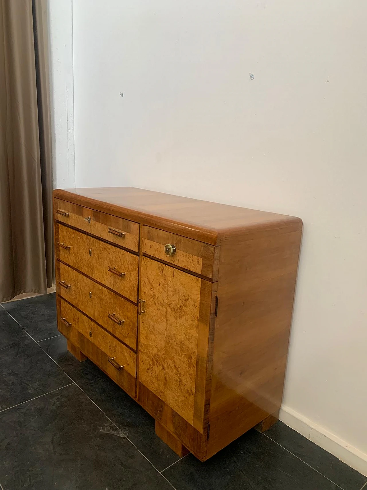 Chest of drawers in blond walnut and tuja burl with mirror, 1930s 10