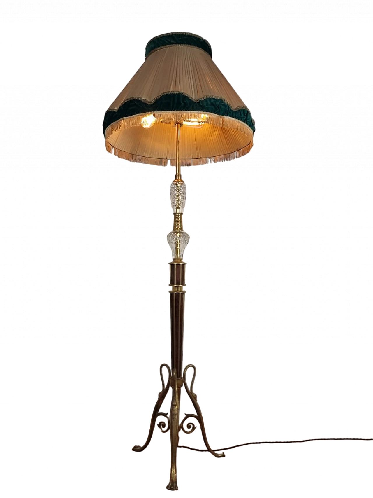 Lampada da terra in ottone, vetro e tessuto, anni '40 12