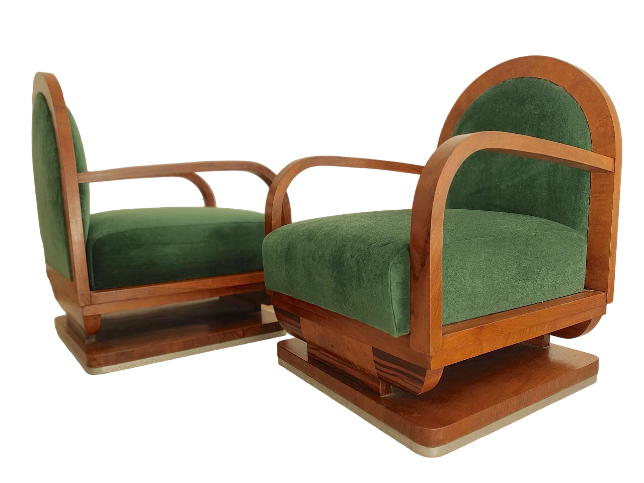 Pair of Art Deco wood and green fabric armchairs, 1930s 10