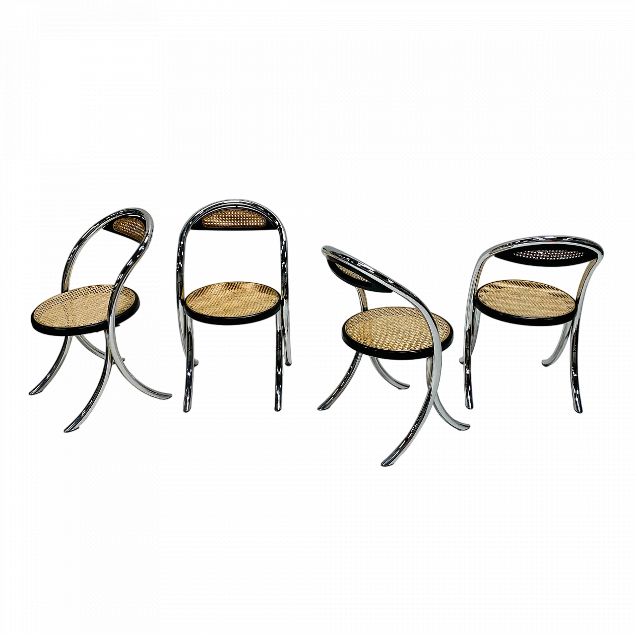 4 Sedie in metallo tubolare cromato con seduta intrecciata, anni '80 16