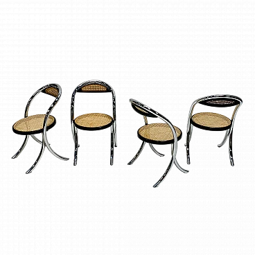 4 Sedie in metallo tubolare cromato con seduta intrecciata, anni '80