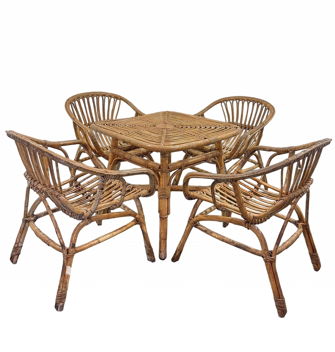 4 Garden armchairs and coffee table in rattan by V. Bonacina, 1960s 2