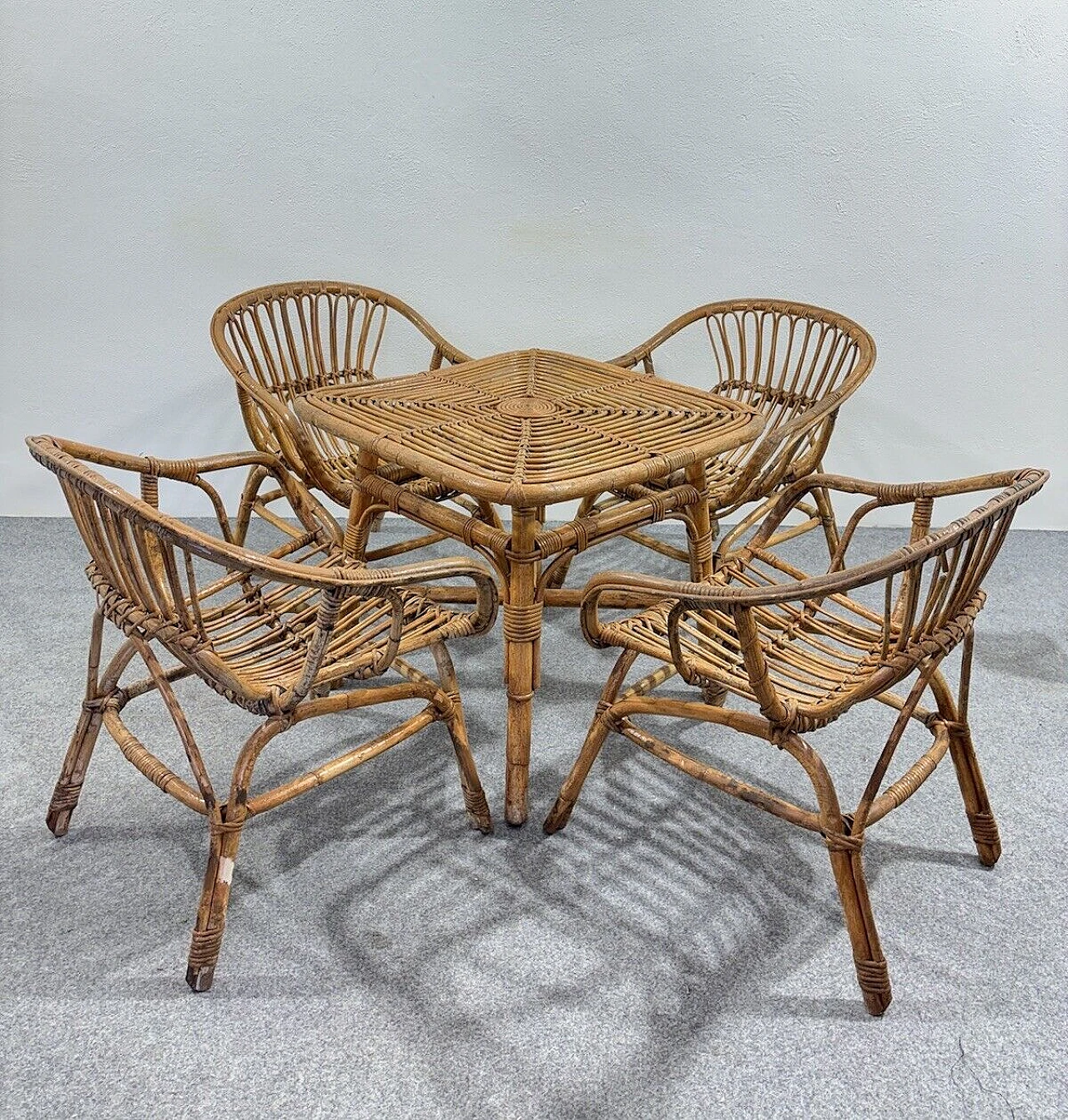 4 Garden armchairs and coffee table in rattan by V. Bonacina, 1960s 3