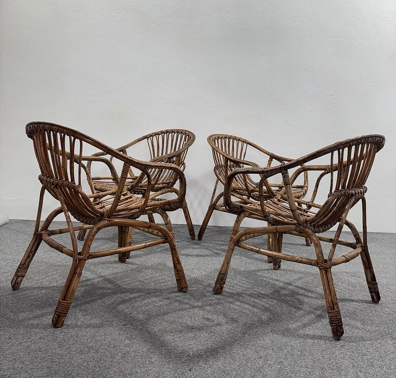 4 Garden armchairs and coffee table in rattan by V. Bonacina, 1960s 13