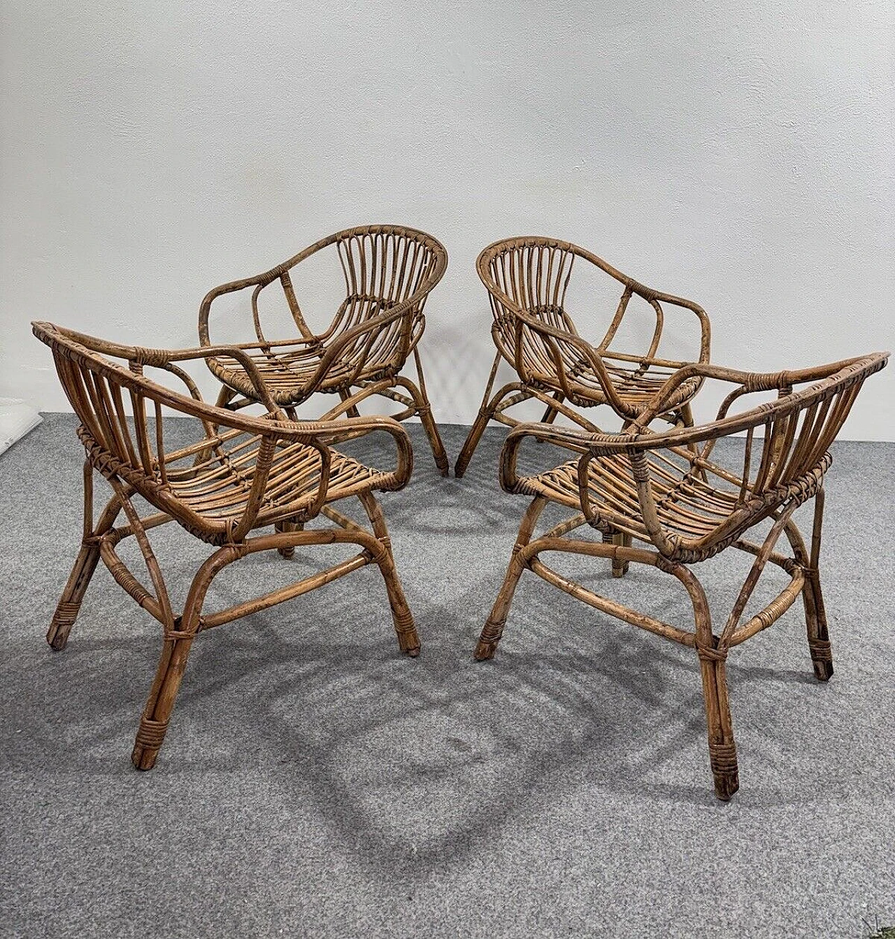 4 Garden armchairs and coffee table in rattan by V. Bonacina, 1960s 14