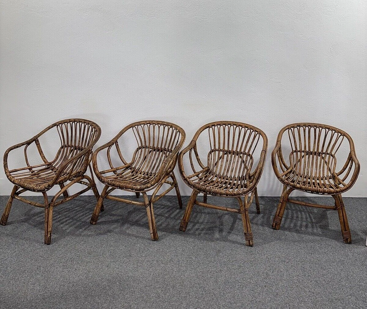 4 Garden armchairs and coffee table in rattan by V. Bonacina, 1960s 15