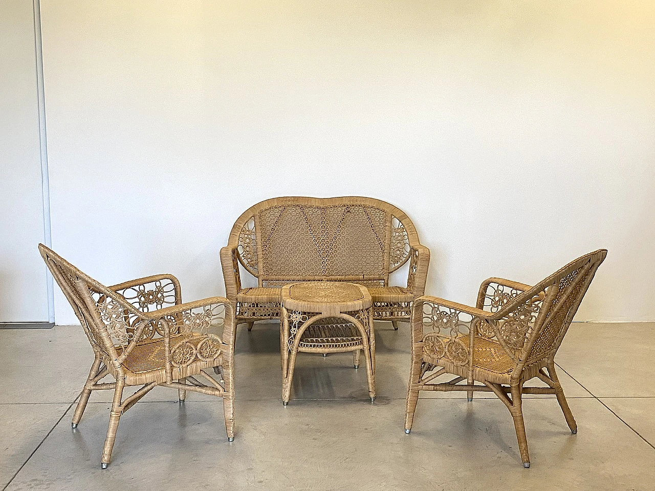 Wicker sofa, pair of armchairs and coffee table, 1980s 2