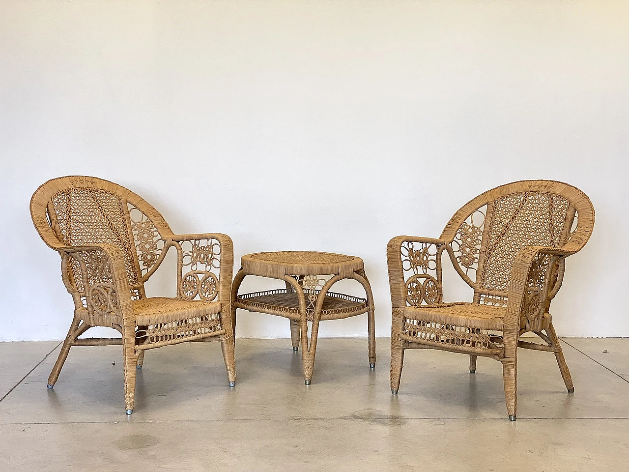 Wicker sofa, pair of armchairs and coffee table, 1980s 17