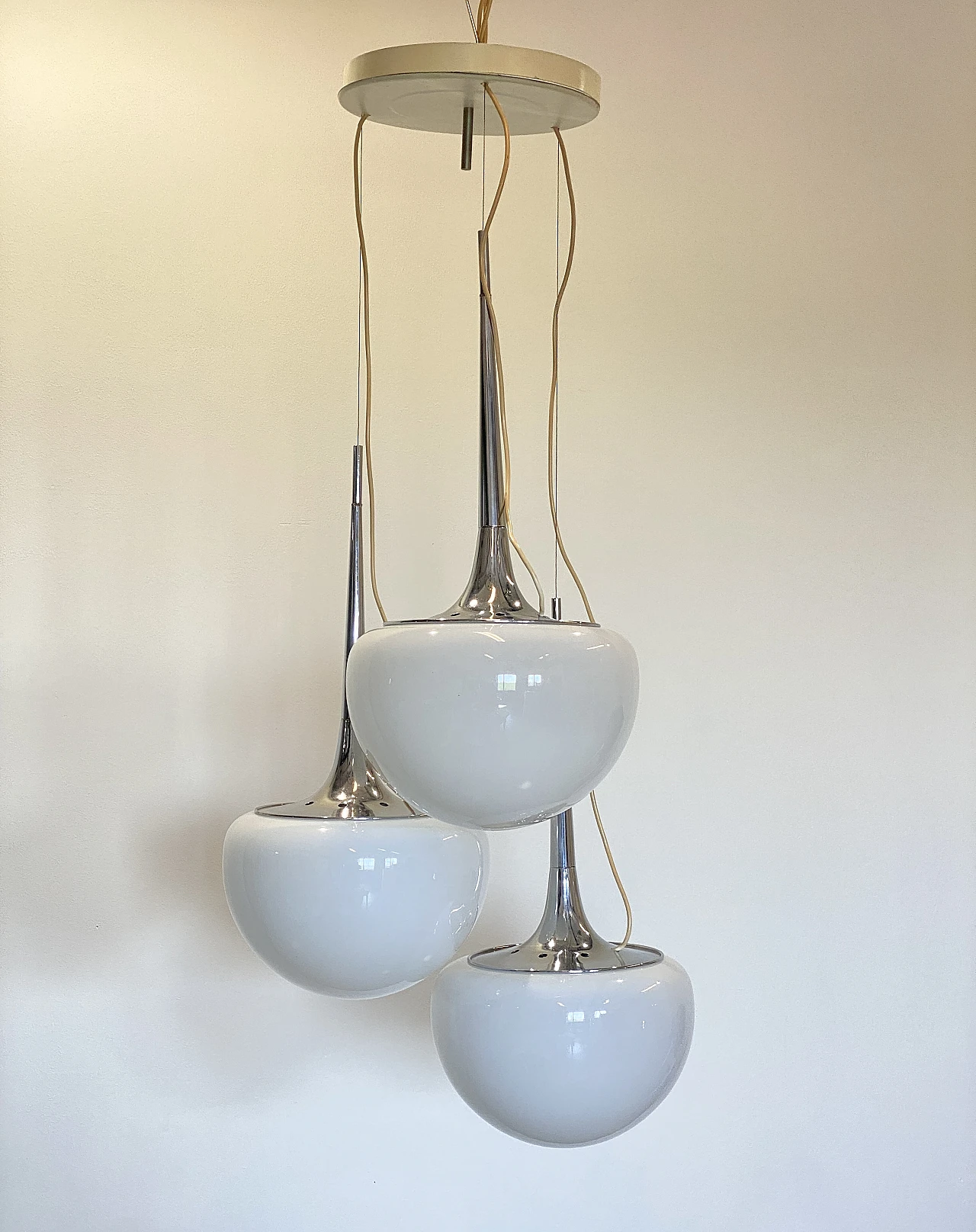 Space Age chromed steel and opaline glass chandelier, 1970s 1