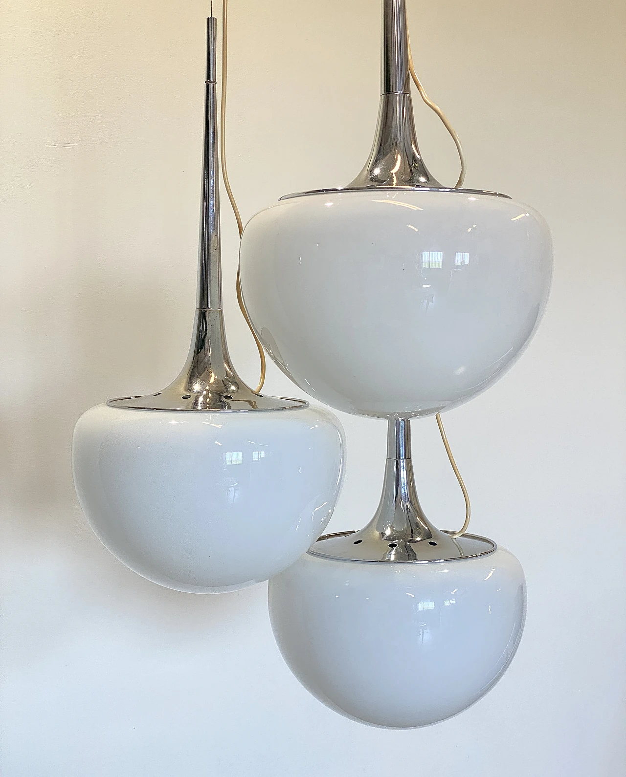 Space Age chromed steel and opaline glass chandelier, 1970s 3