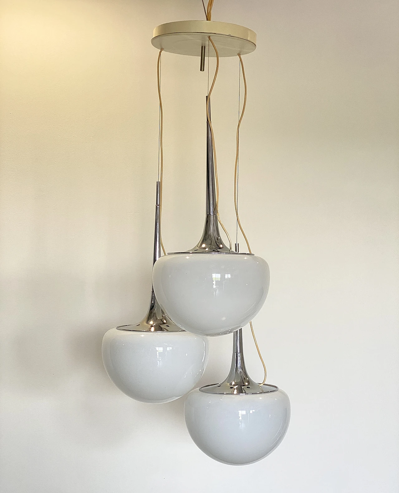 Space Age chromed steel and opaline glass chandelier, 1970s 6