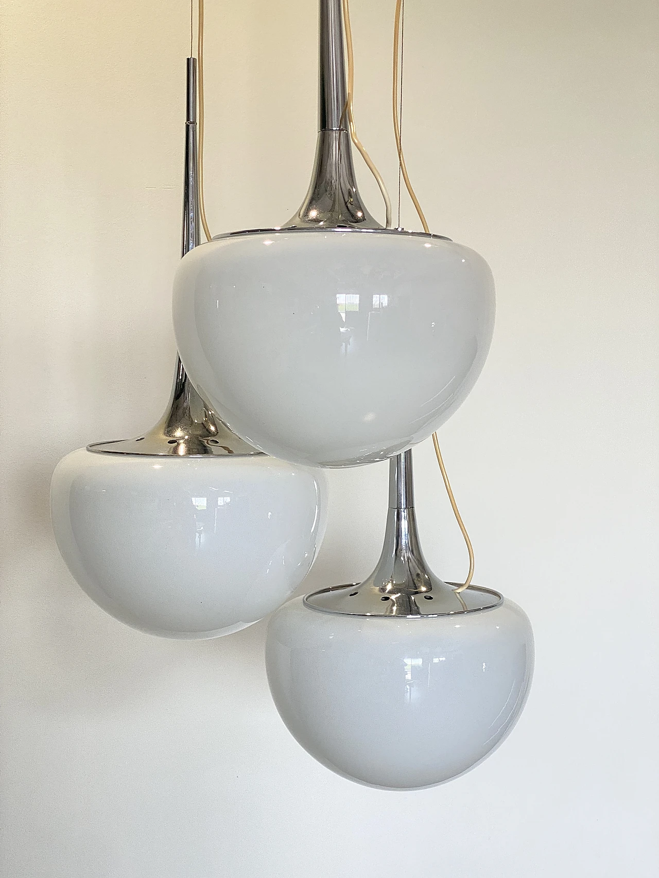 Space Age chromed steel and opaline glass chandelier, 1970s 7