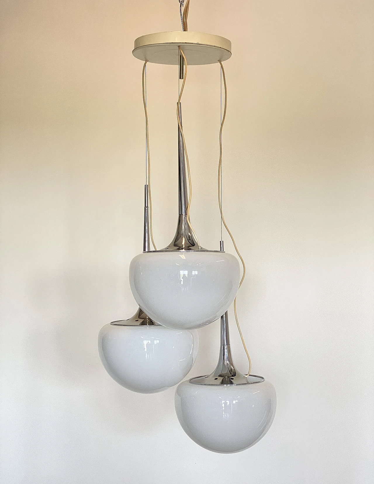 Space Age chromed steel and opaline glass chandelier, 1970s 8