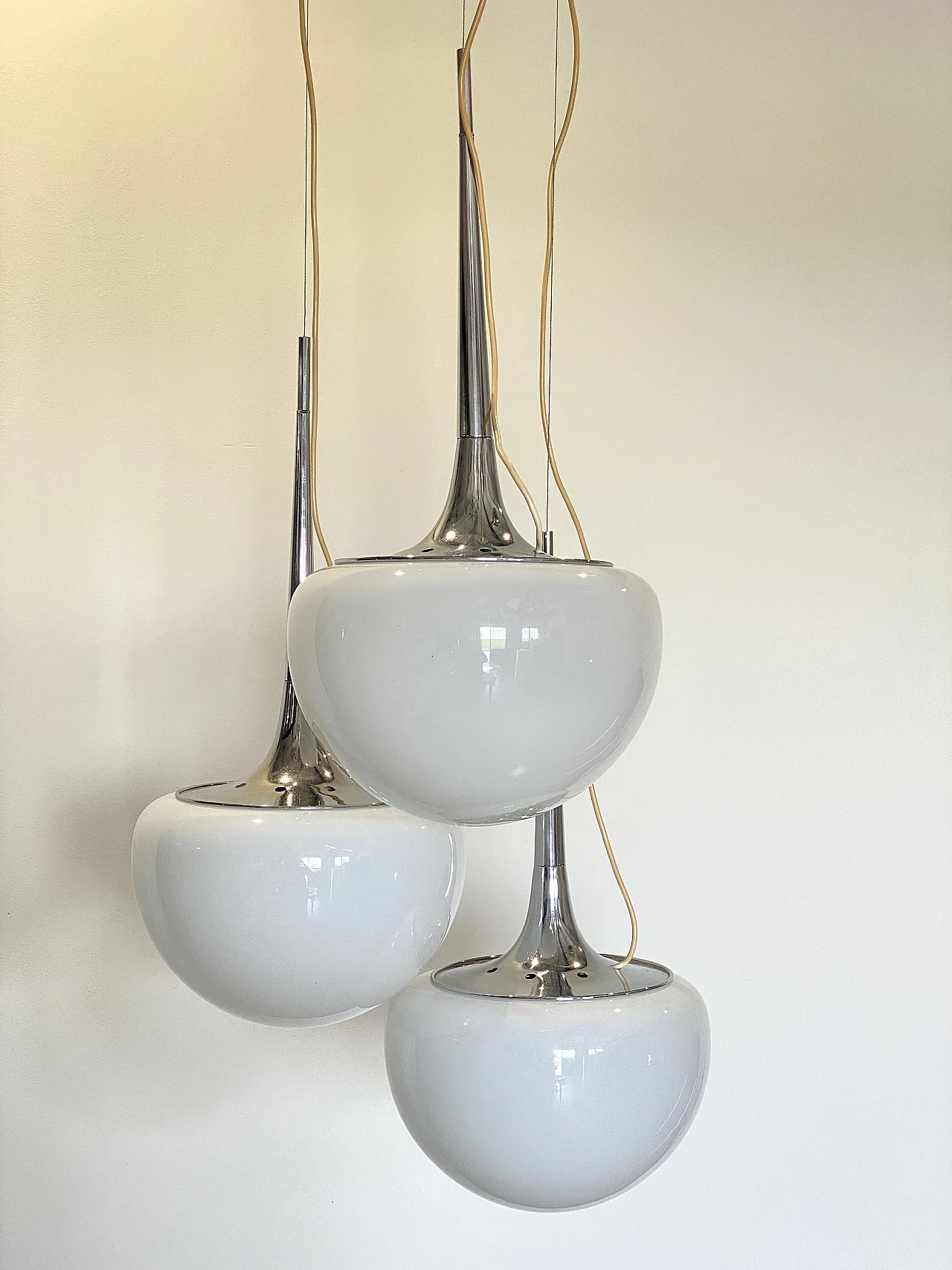 Space Age chromed steel and opaline glass chandelier, 1970s 11