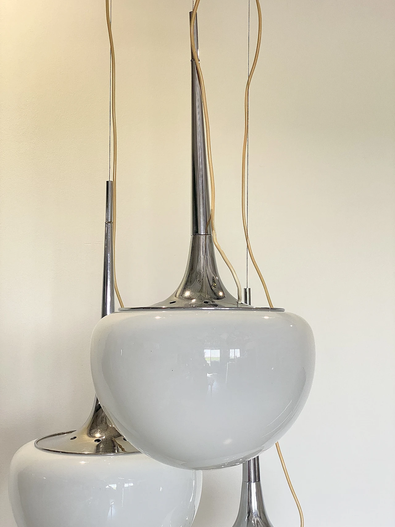 Space Age chromed steel and opaline glass chandelier, 1970s 13