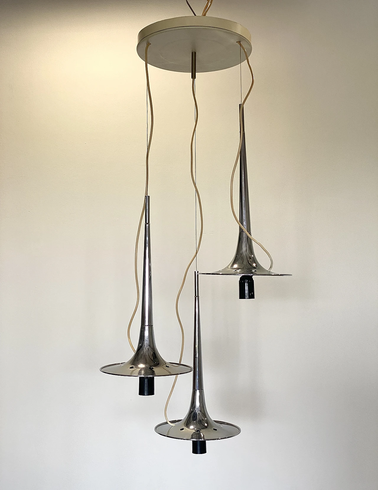 Space Age chromed steel and opaline glass chandelier, 1970s 14