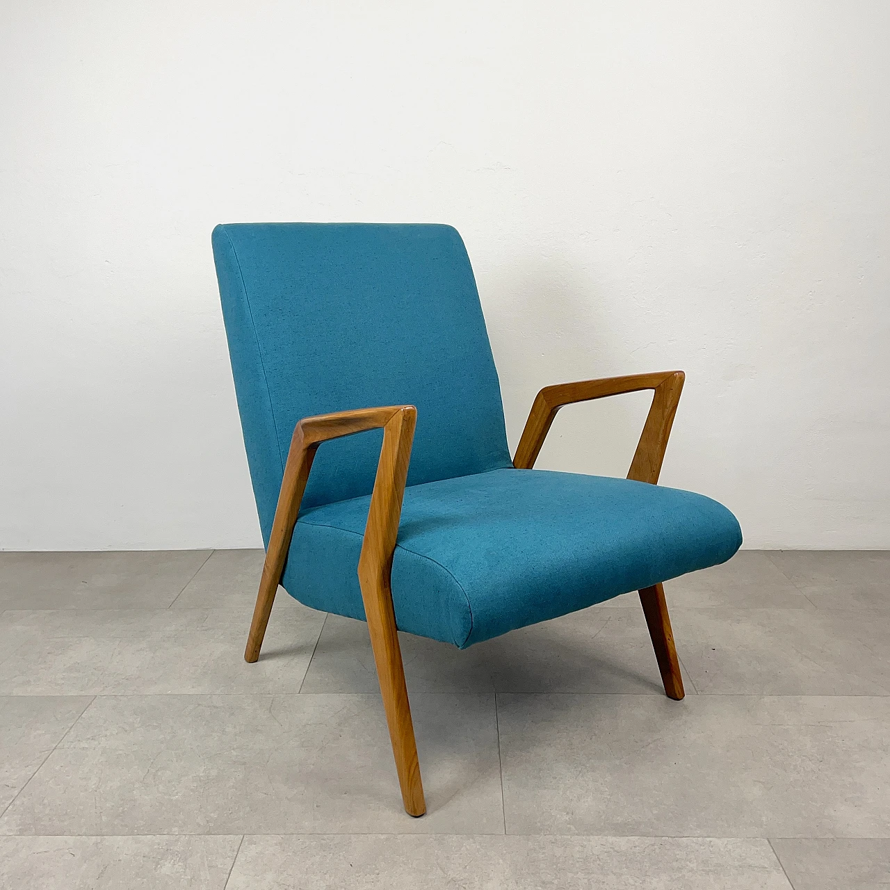 Cherry wood and light blue fabric armchair, 1960s 1