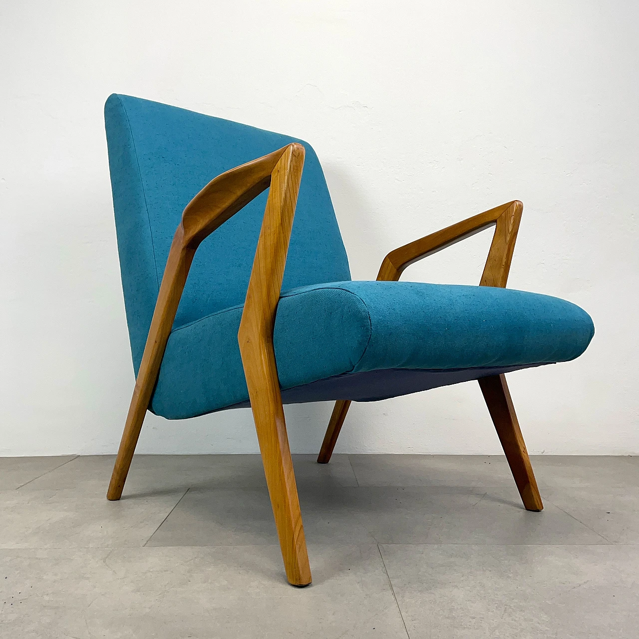 Cherry wood and light blue fabric armchair, 1960s 2