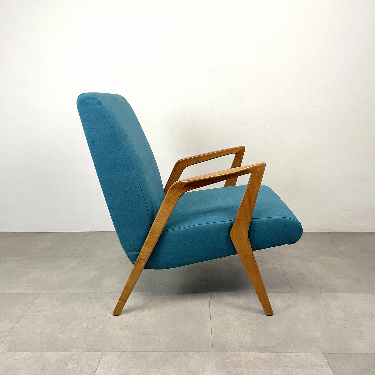 Cherry wood and light blue fabric armchair, 1960s 4