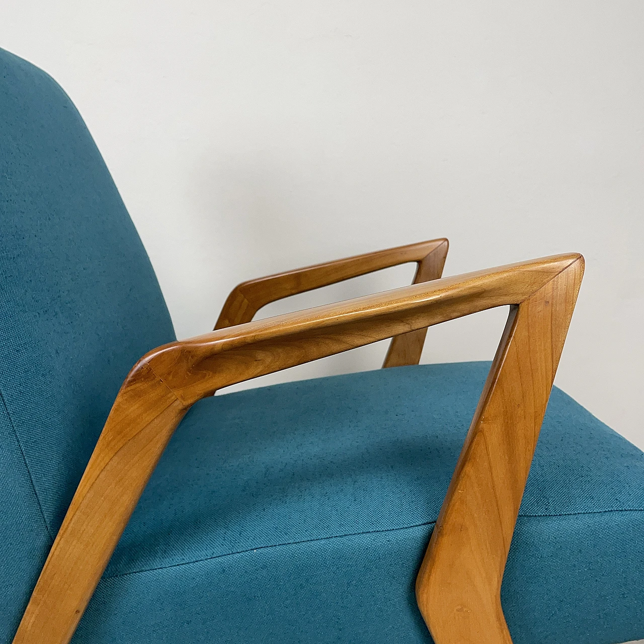 Cherry wood and light blue fabric armchair, 1960s 5