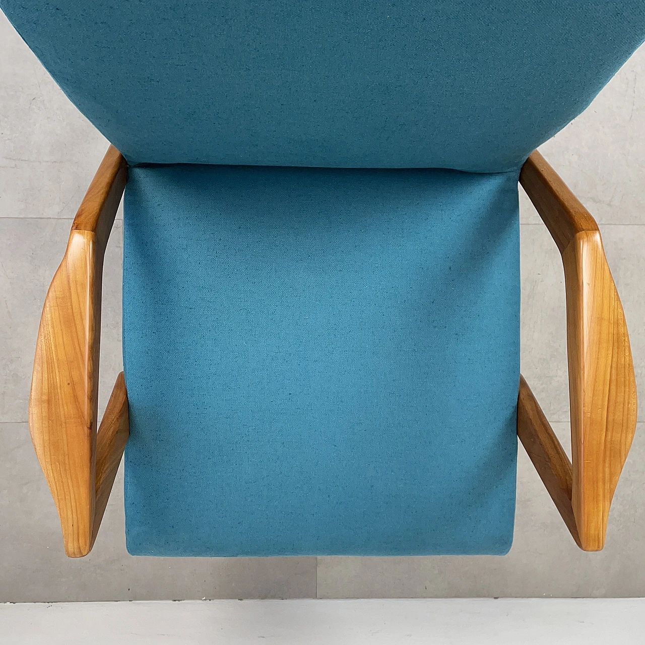 Cherry wood and light blue fabric armchair, 1960s 6