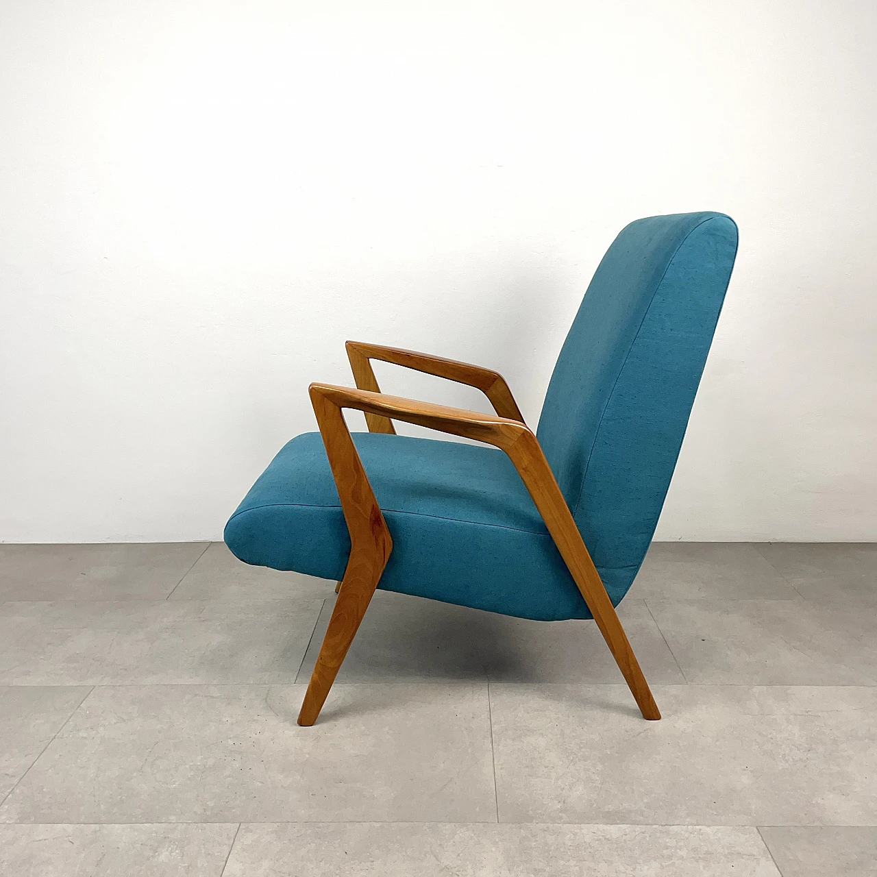 Cherry wood and light blue fabric armchair, 1960s 7