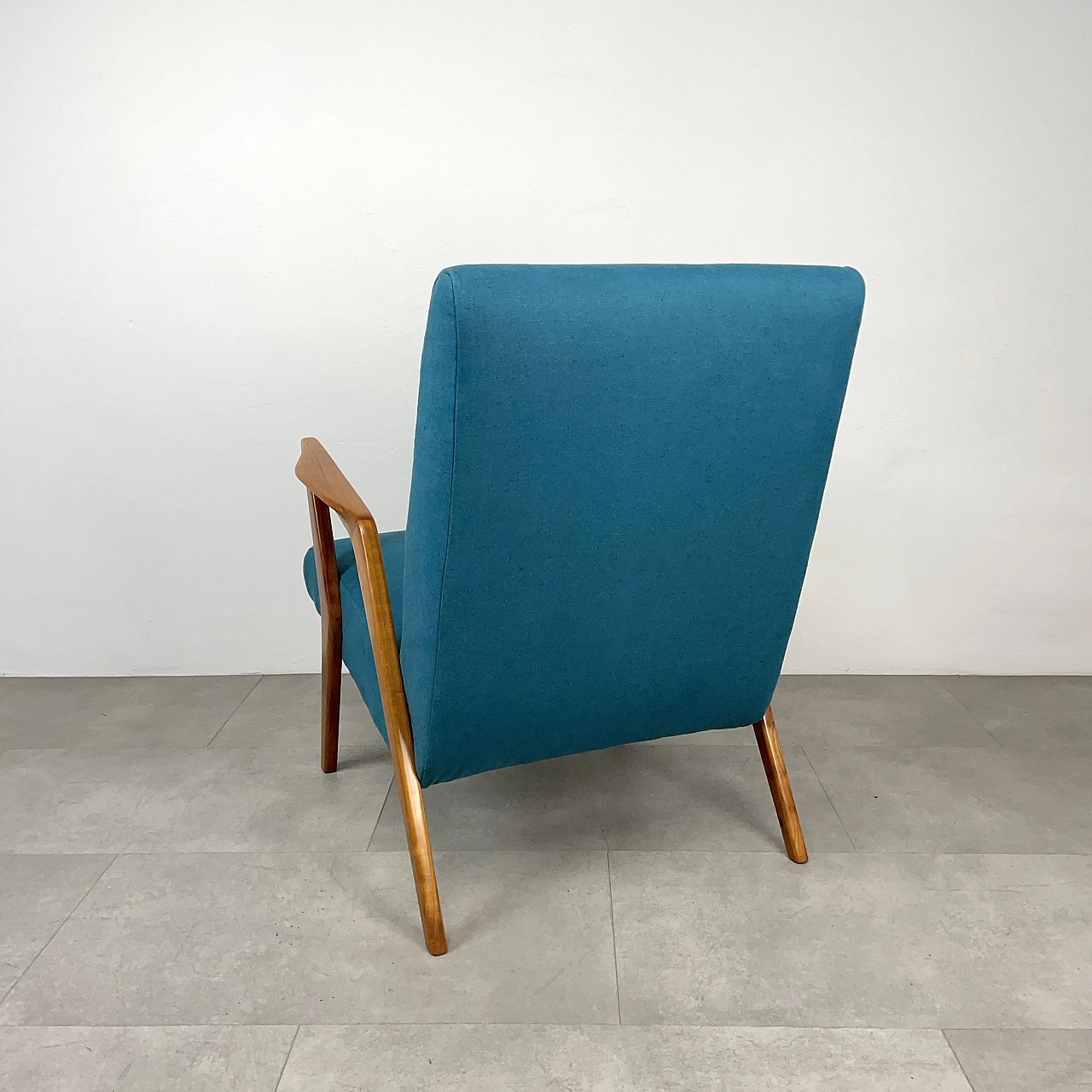 Cherry wood and light blue fabric armchair, 1960s 8