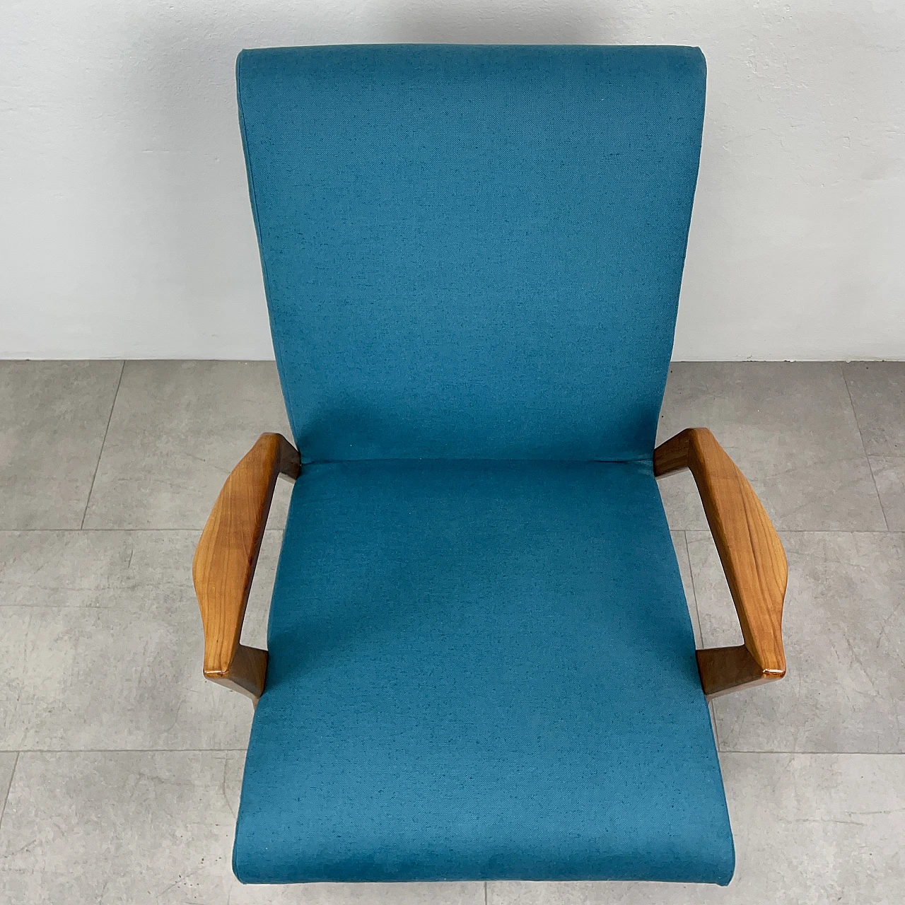 Cherry wood and light blue fabric armchair, 1960s 9