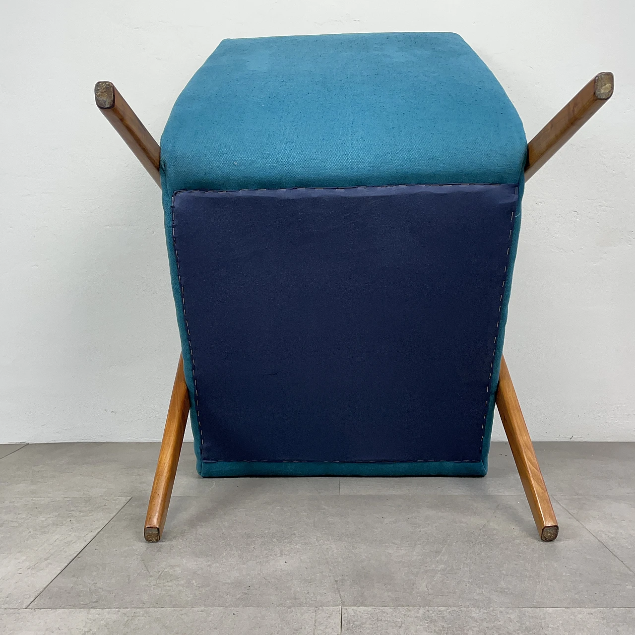 Cherry wood and light blue fabric armchair, 1960s 10