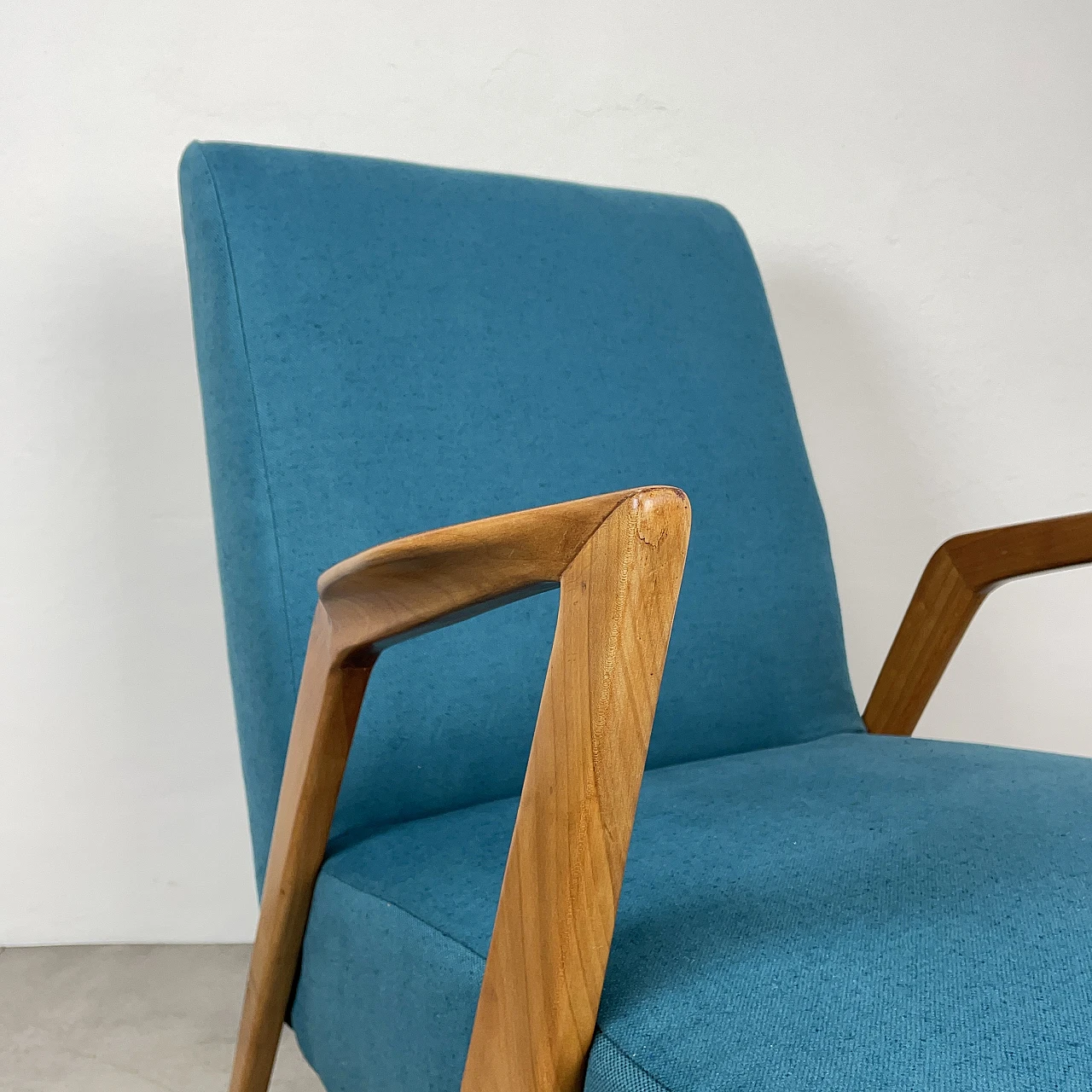 Cherry wood and light blue fabric armchair, 1960s 12