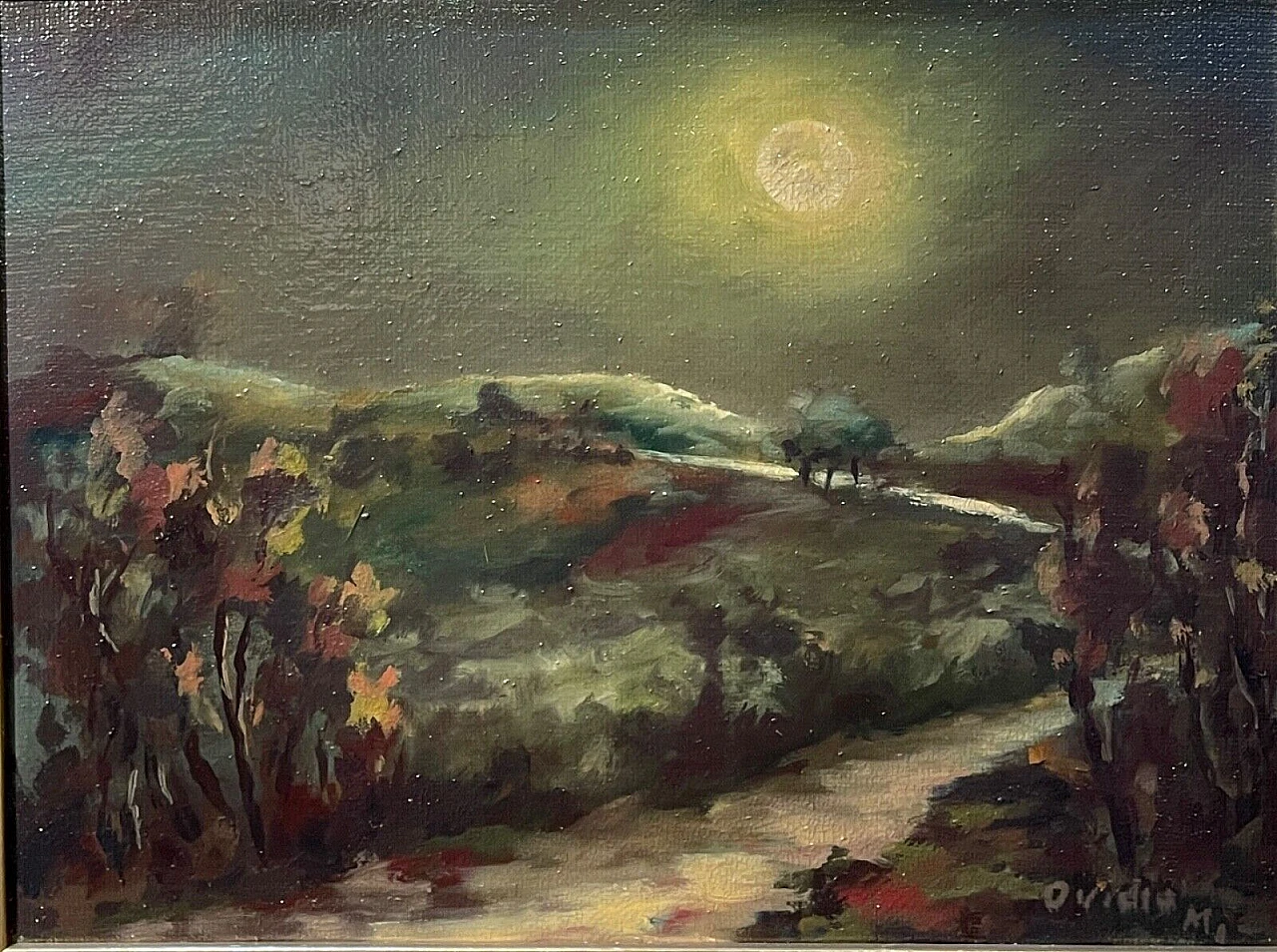 Ovidio Manetti, paesaggio rurale notturno, dipinto a olio su tela 1