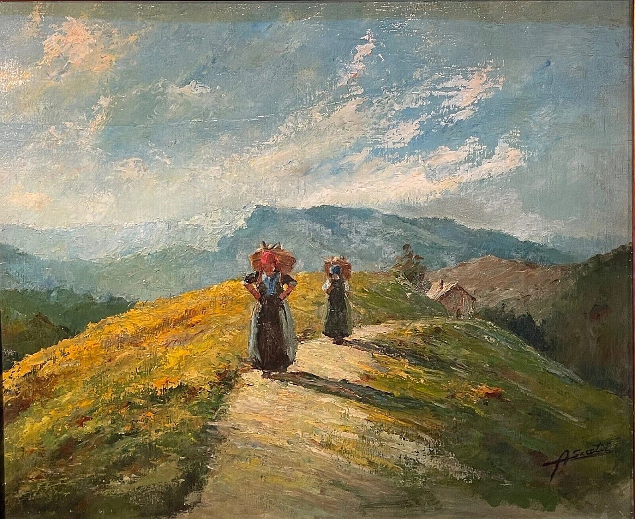 A. Scatà, paesaggio rurale con contadine, dipinto a olio su faesite 1