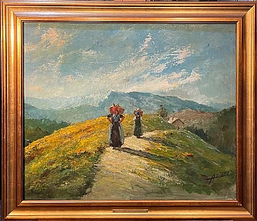 A. Scatà, paesaggio rurale con contadine, dipinto a olio su faesite