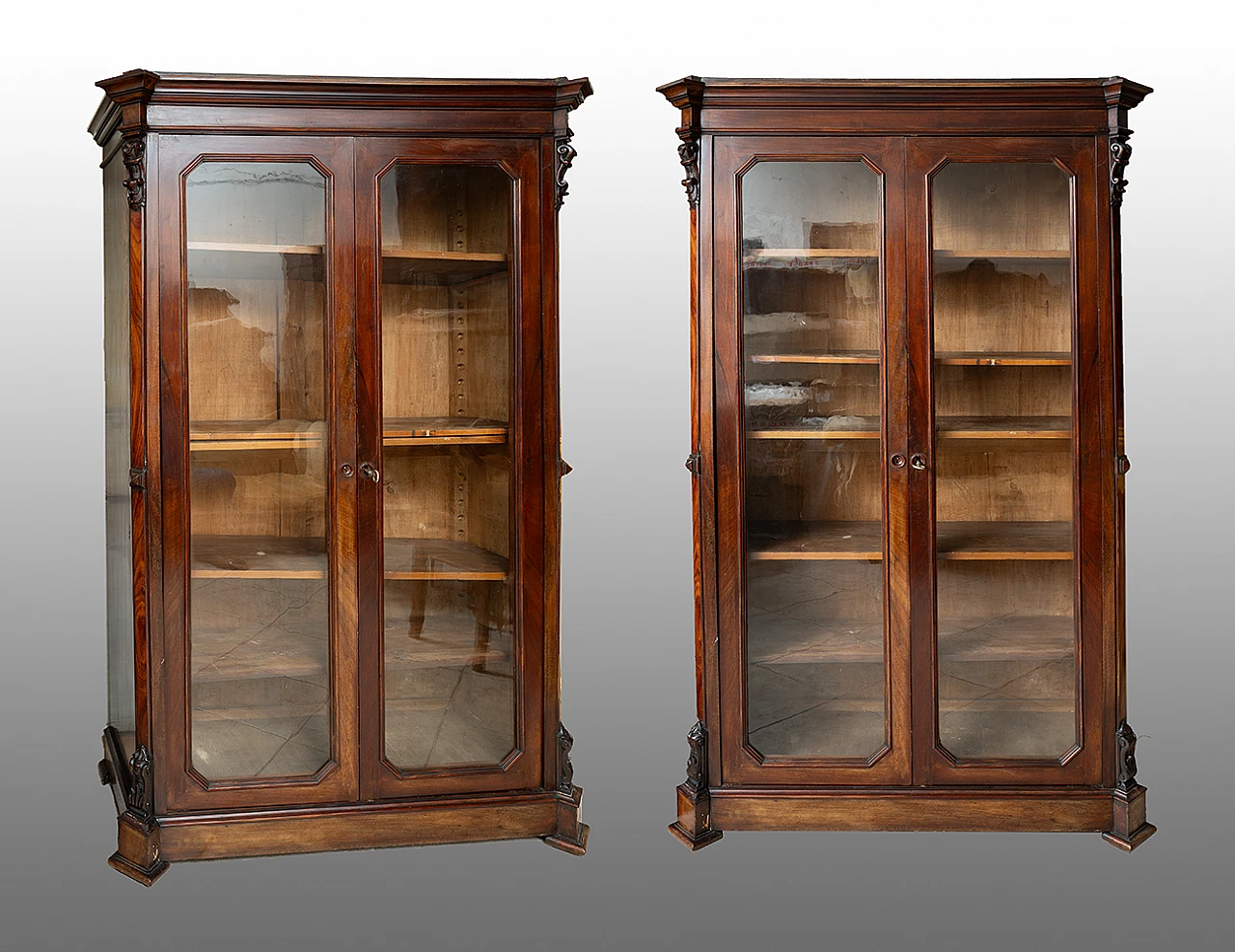 Pair of bookcases in mahogany & poplar with glass doors, 19th century 1