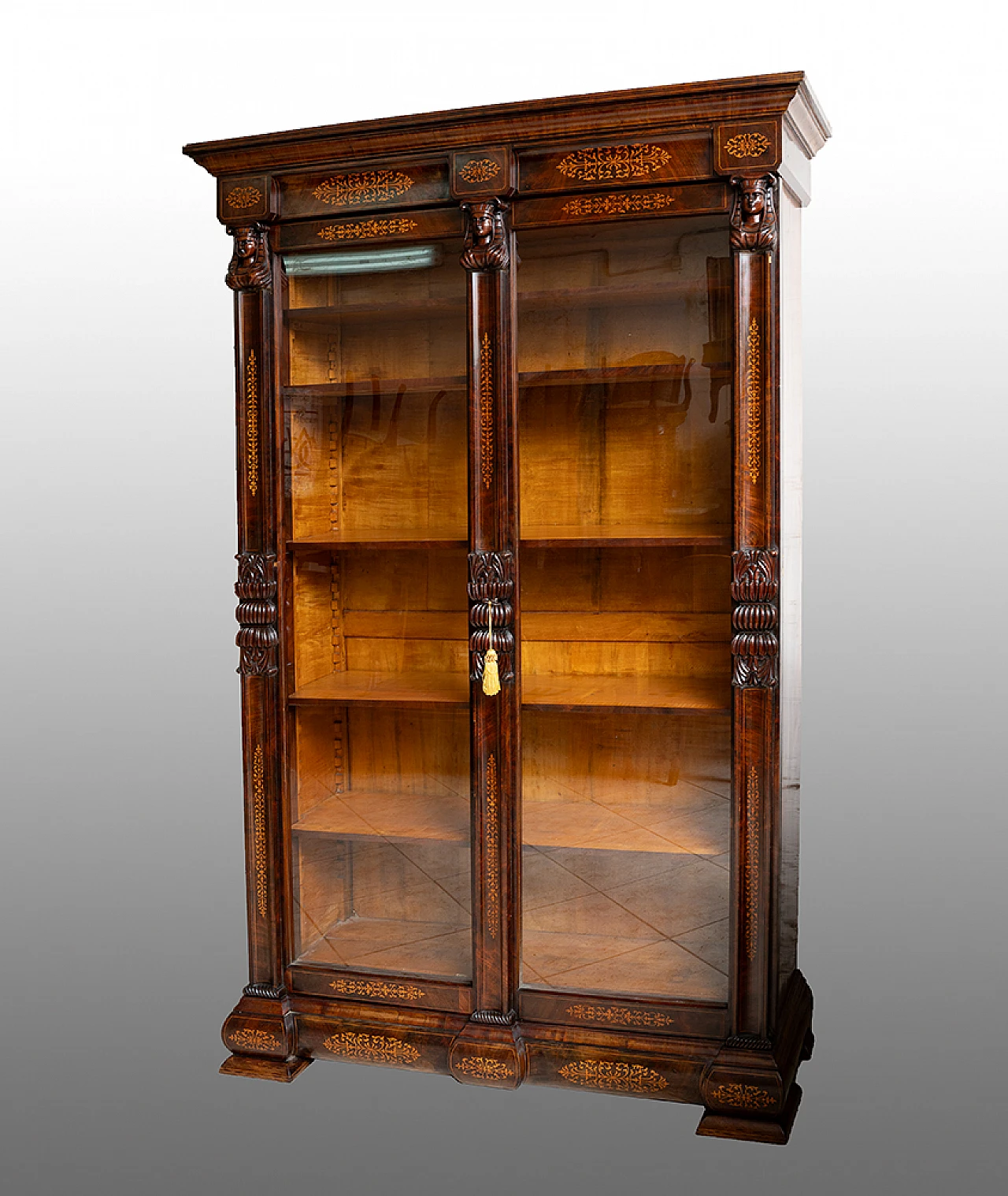 Bookcase in mahogany & poplar with glass doors, 19th century 1