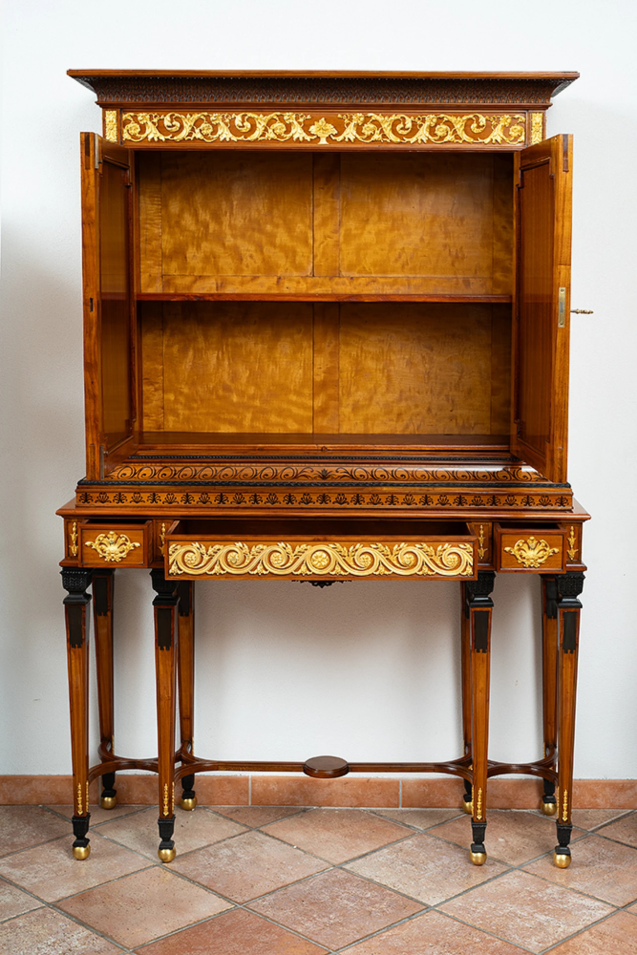 Double body sideboard in exotic woods with gilded bronze elements 10