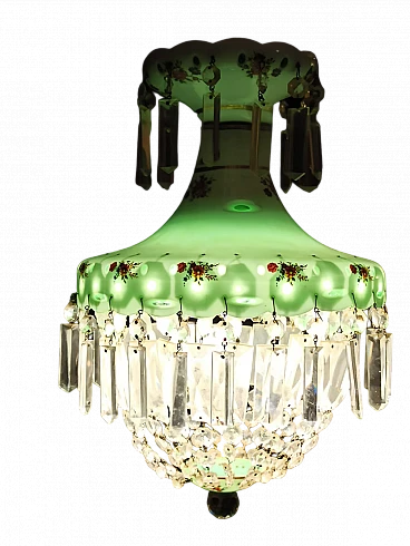 Lampadario Brocante in vetro e cristallo con motivi floreali, anni '50